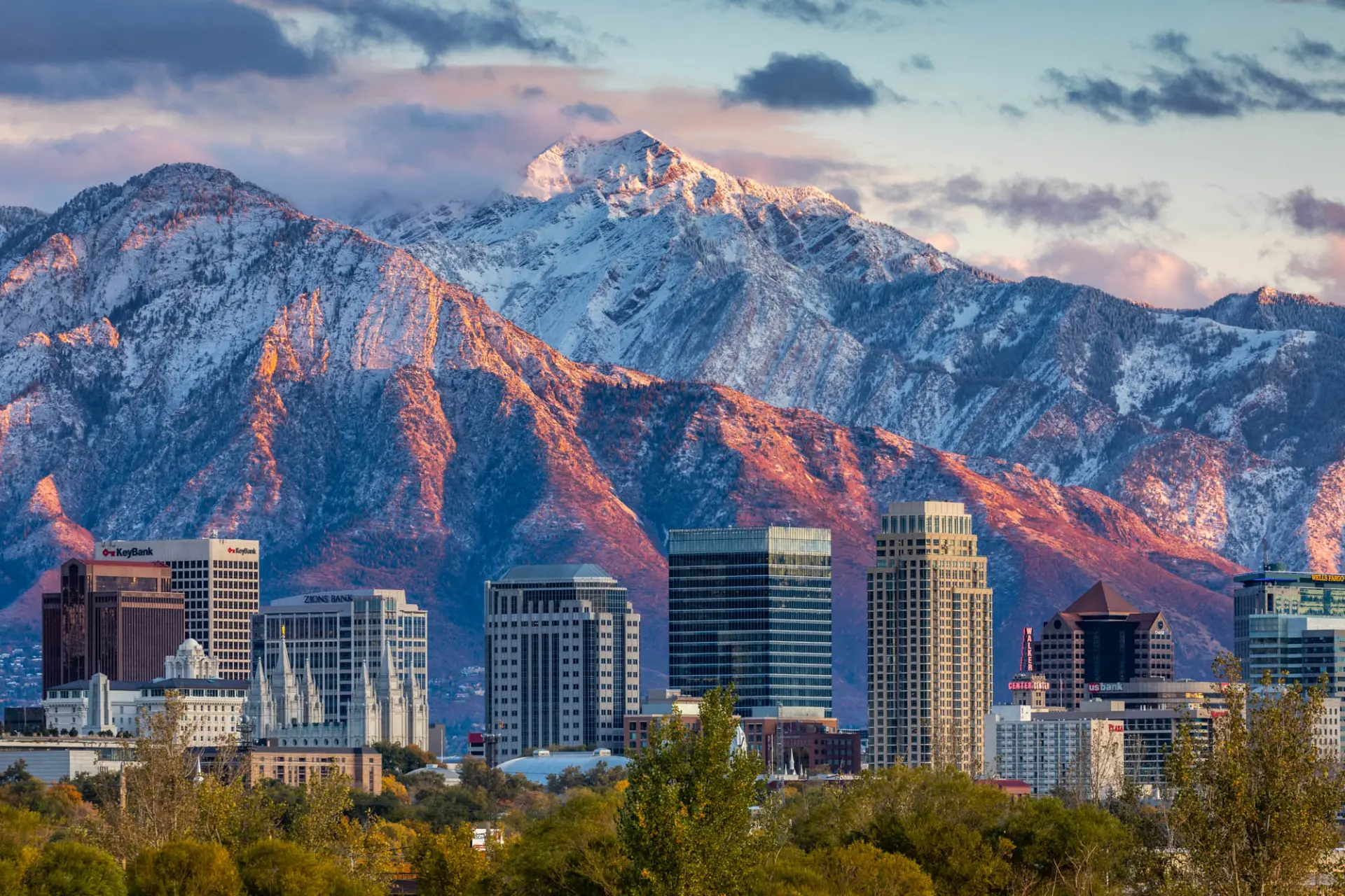 Salt Lake City skyline beneath the snow-capped Wasatch Mountains